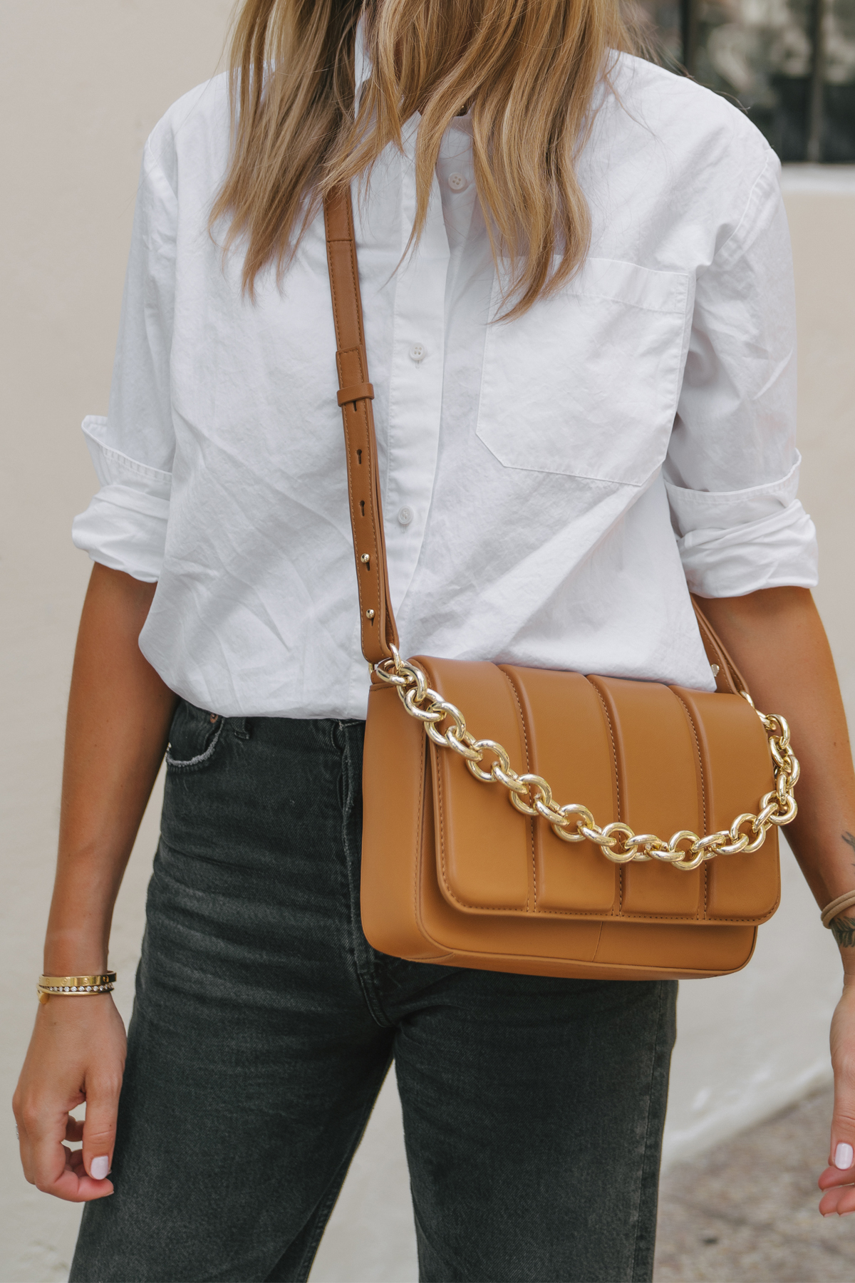 Fashion Jackson Wearing White Button Up Shirt Vince Camuto Tan Crossbody Handbag