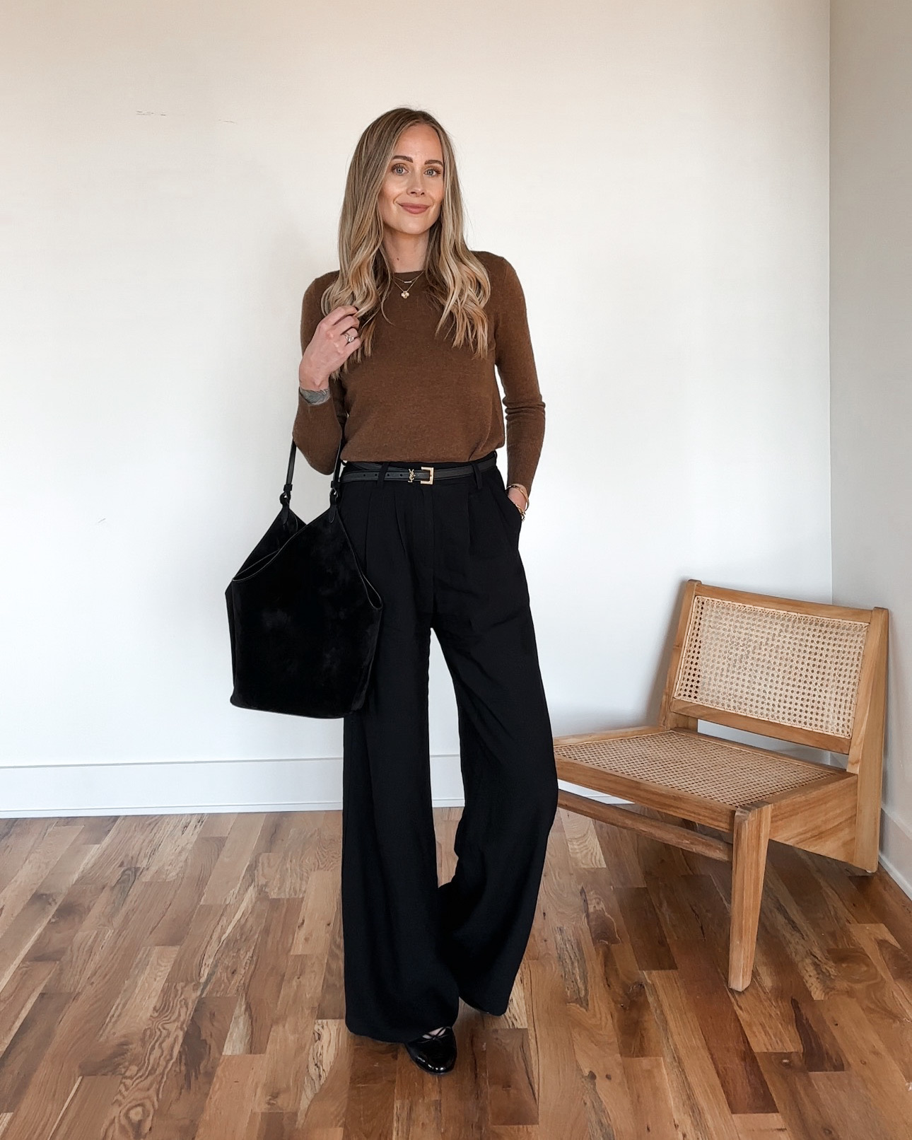 Fashion Jackson Wearing Jcrew Brown Cashmere Sweater Black Wide Leg Trousers Chanel Black Ballet Flats Khaite Lotus Tote Black Suede Business Casual Fall Workwear Outfit Idea