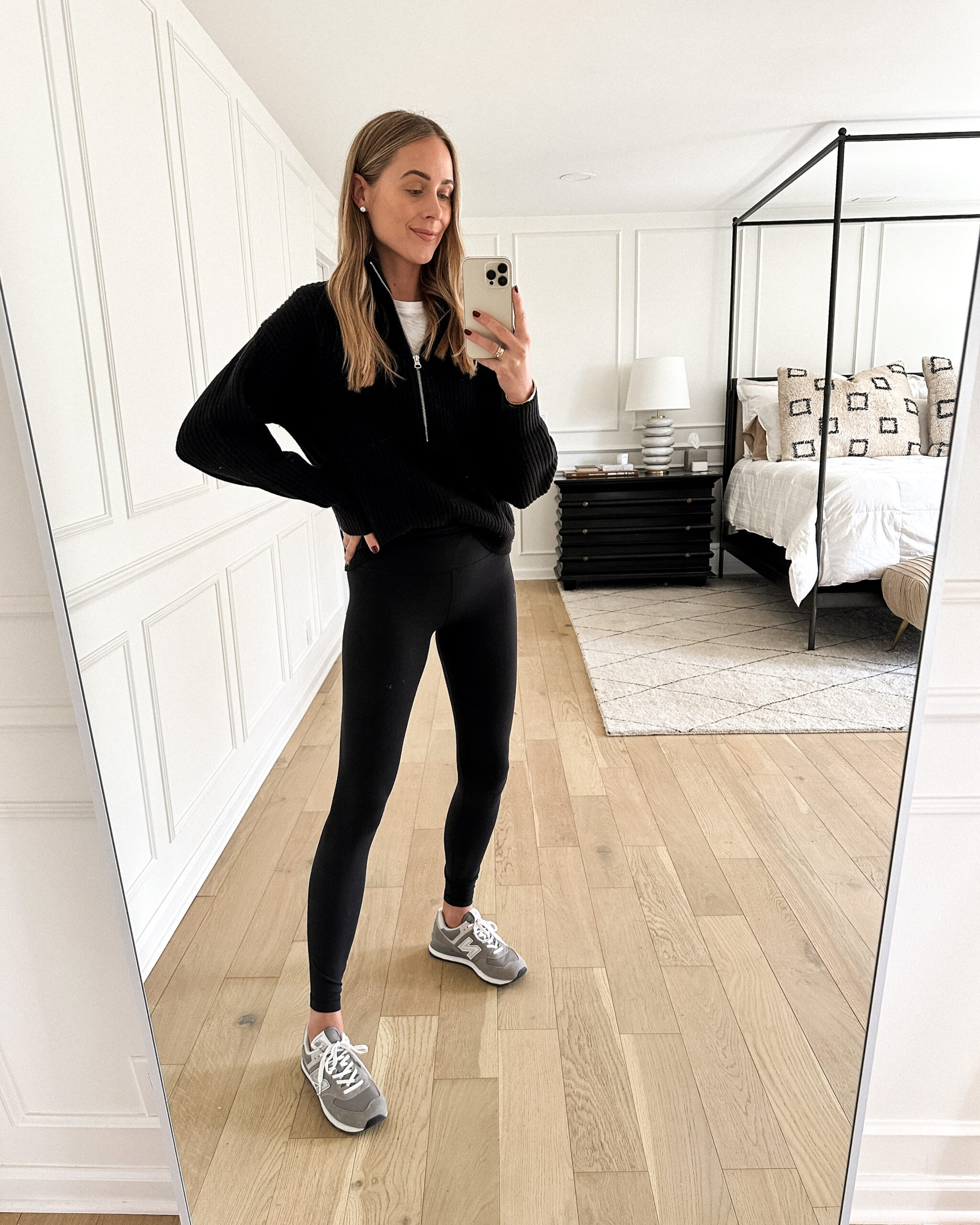 Fashion Jackson Wearing Everlane Black Zip Sweater Black Leggings New Balance 574 Sneakers Casual Fall Weekend Athleisure Outfit
