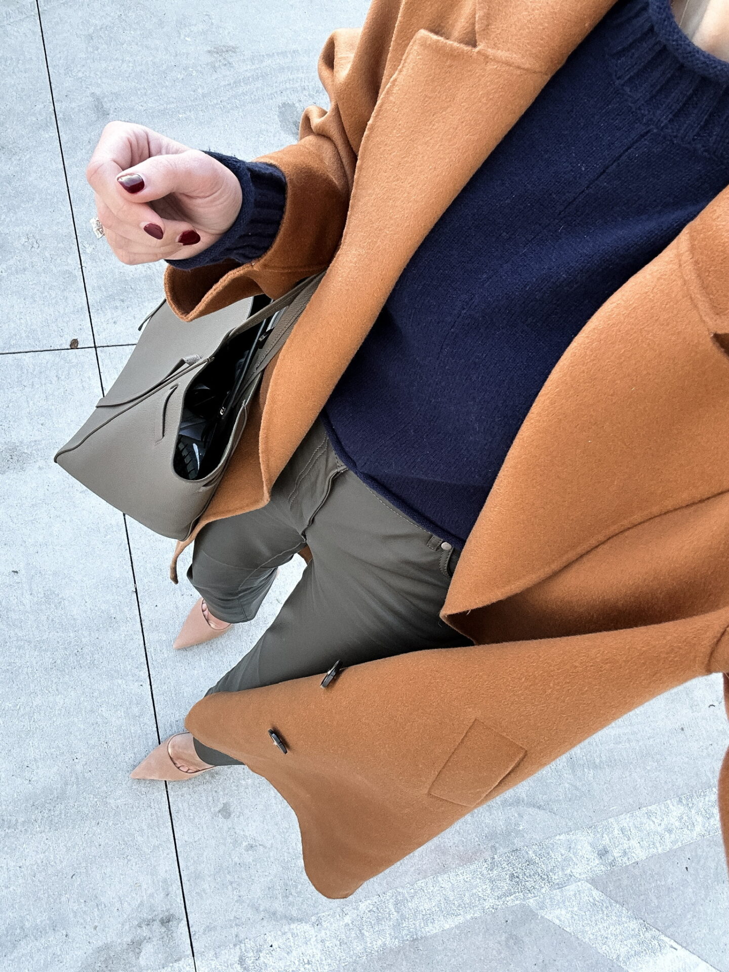 Fashion Jackson Wearing Fall Outfit Camel Coat Navy Sweater Leather Pants Nude Pumps Celine Tote