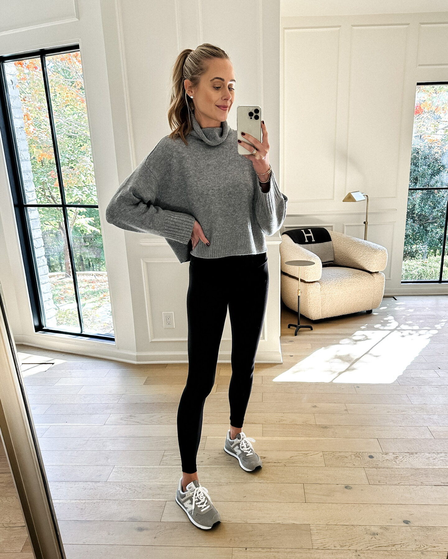 Fashion Jackson Wearing LouLou Studio Grey Turtleneck Sweater lululemon Black Leggings New Balance 574 Sneakers Casual Outfit Athleisure Fall Outfit