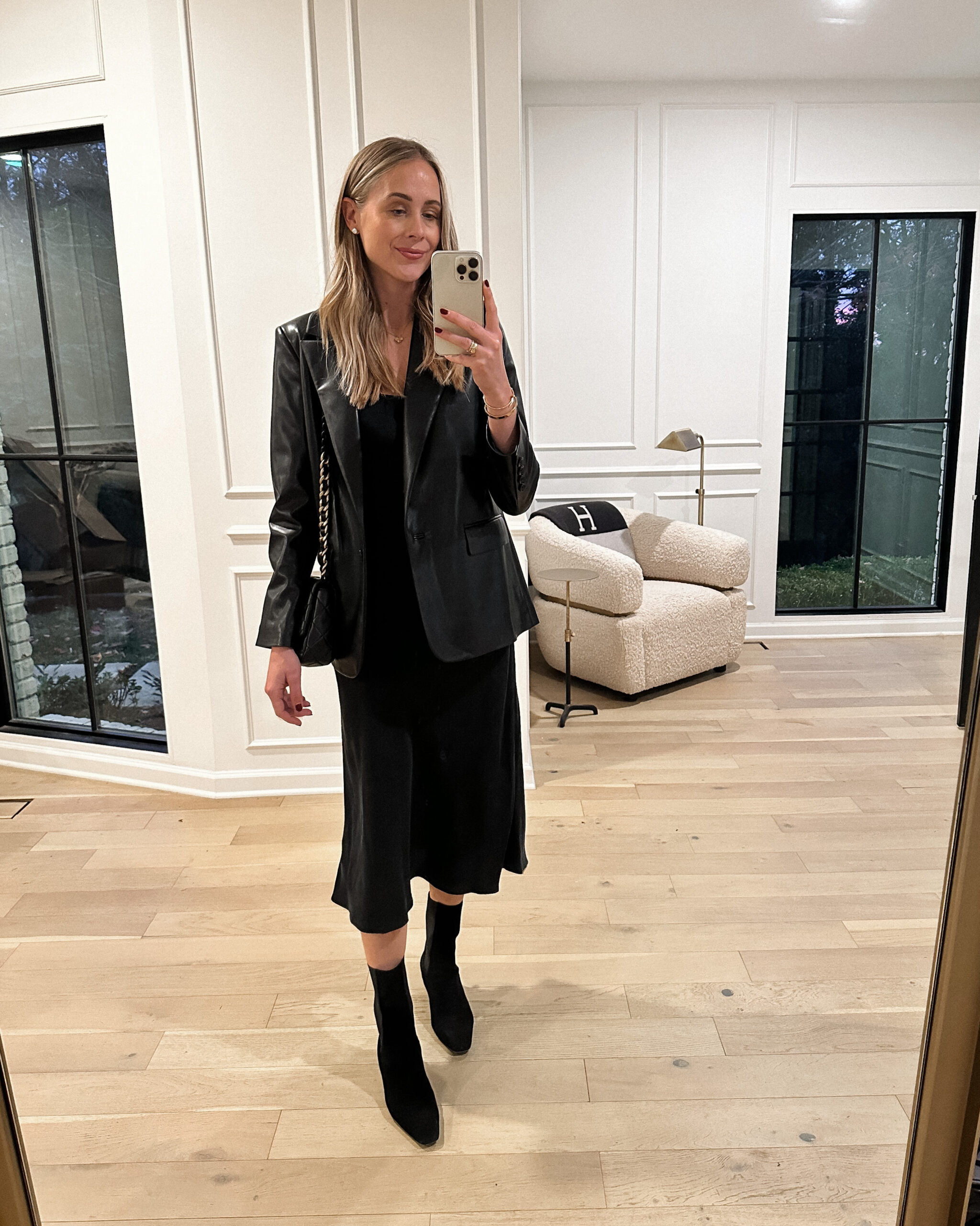 Fashion Jackson Wearing Fall Capsule Outfit Black Slip Dress Black Faux Leather Blazer Black Toteme Boots Fall Date Night Nashville Outfit