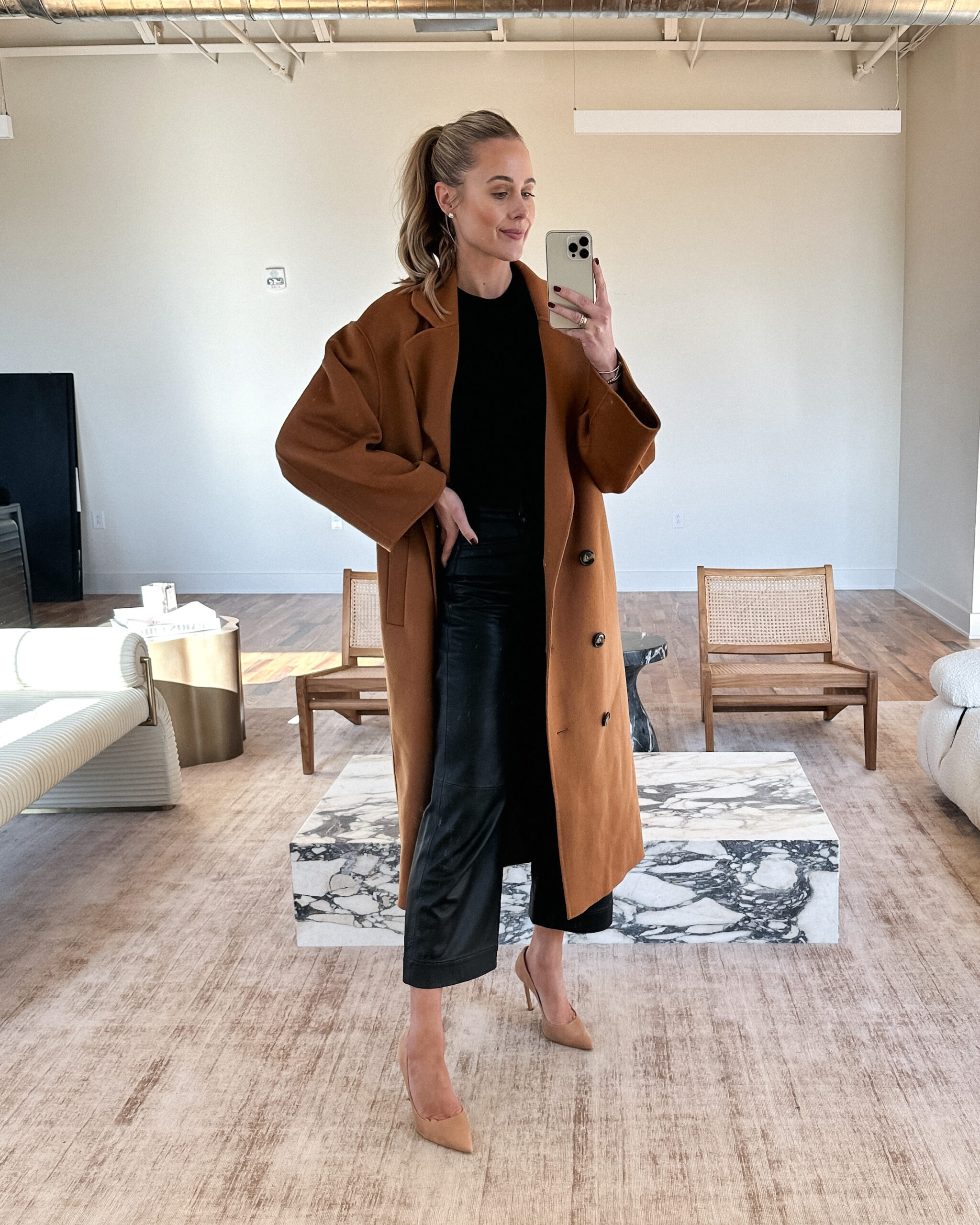 Fashion Jackson Wearing LouLou Studio Camel Coat Everlane Black Cashmere Sweater Black Leather Cropped Pants Nude Pumps Fall Outfit Workwear Outfit