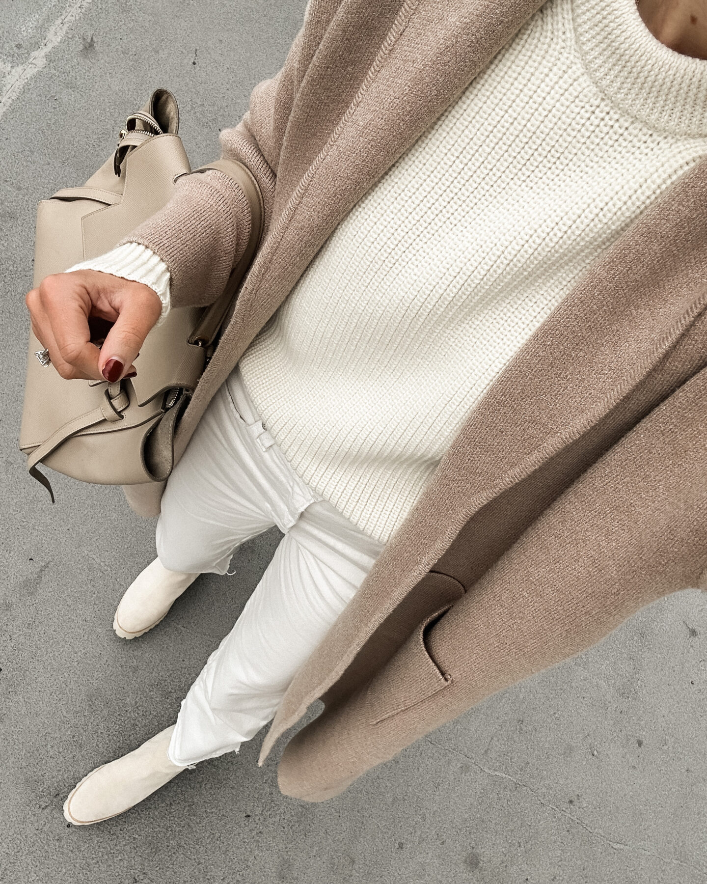 Fashion Jackson Wearing Mango Taupe Coatigan Ivory Sweater White Jeans White Suede Boots Celine Belt Bag Fall Outfit