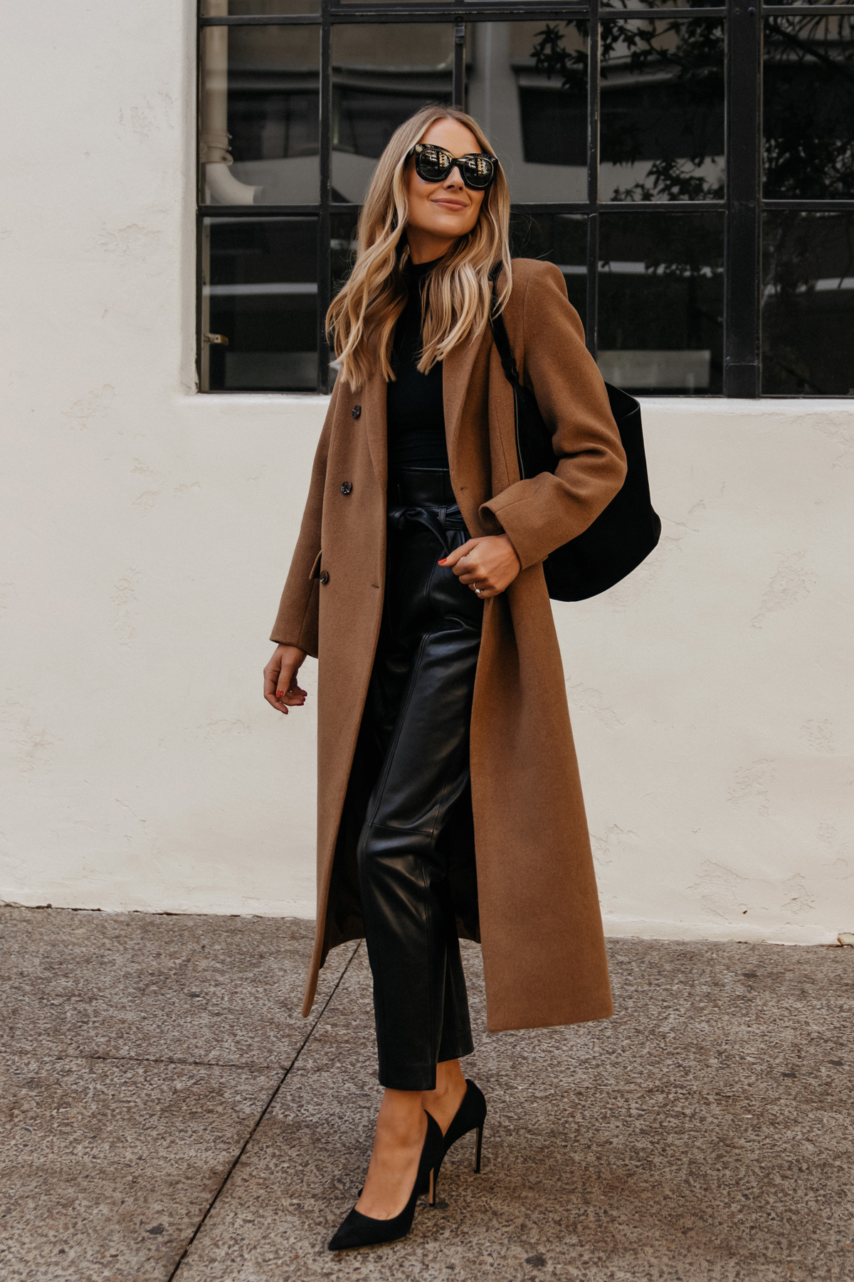 Petite Camel Boyfriend Blazer + Leather Pants