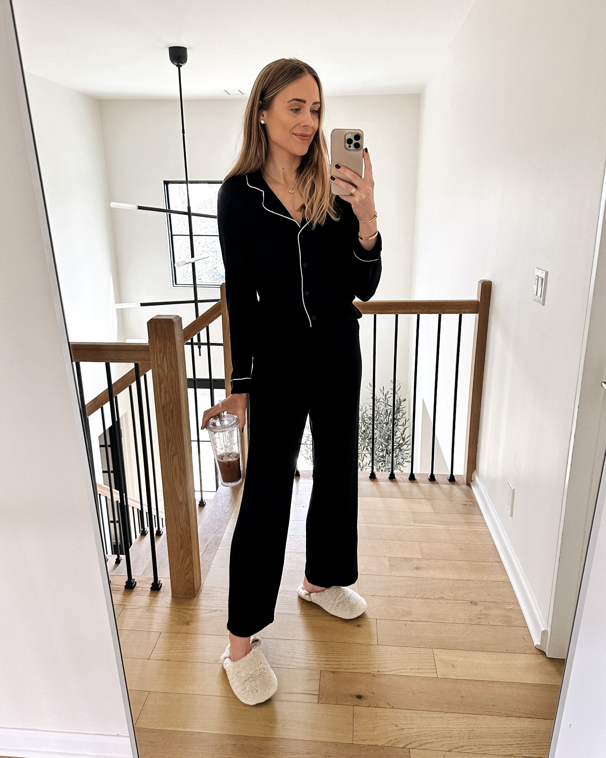 Fashion Jackson Wearing Nordstrom Moonlight Eco Pajamas Black Jenni Kayne Sherpa Slippers Gifts for Her