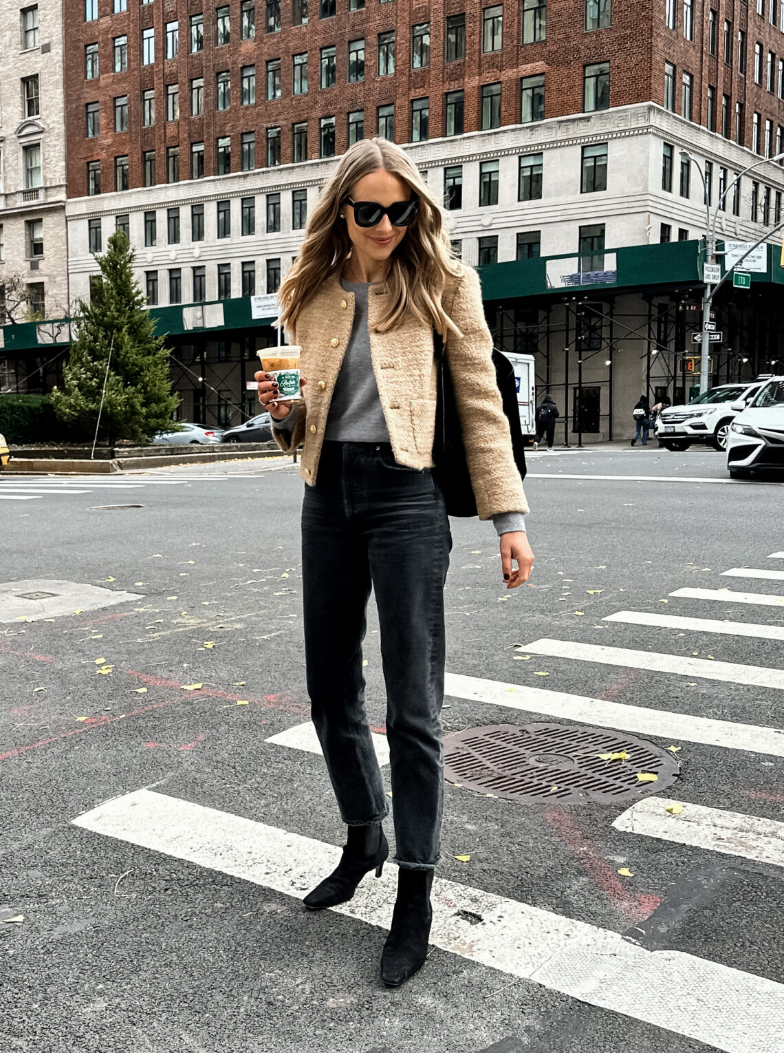 Fashion Jackson Wearing Beige Tweed Celine Blazer Grey Sweater Black AGOLE Jeans Toteme Black Suede Booties Fall Outfit New York Fall Street Style