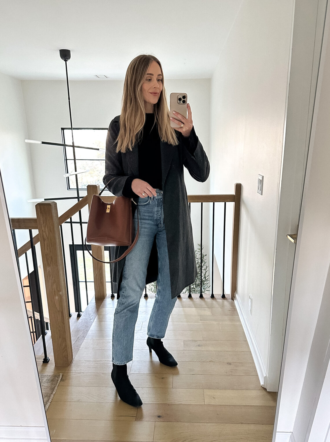 Fashion Jackson Wearing Max Mara Pauli Belted Virgin Wool Coat Charcoal Black Sweater AGOLDE 90s Jeans Toteme Black suede ankle boots Celine Bucket 16 Handbag Tan Winter Outfit Fall Outfit Business Casual Outfit
