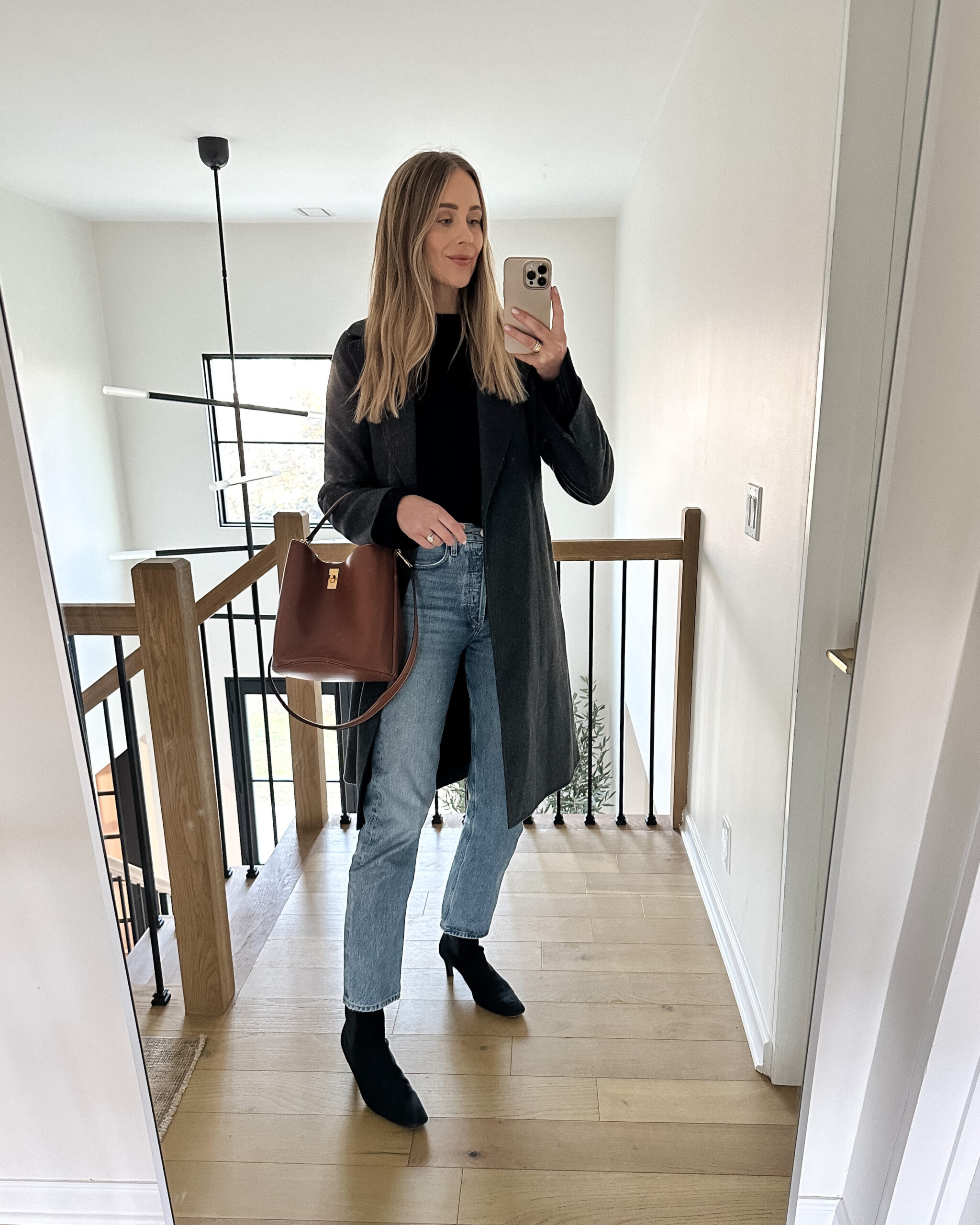 Fashion Jackson Wearing Max Mara Pauli Belted Virgin Wool Coat Charcoal Black Sweater AGOLDE 90s Jeans Toteme Black suede ankle boots Celine Bucket 16 Handbag Tan Winter Outfit Fall Outfit Business Casual Outfit