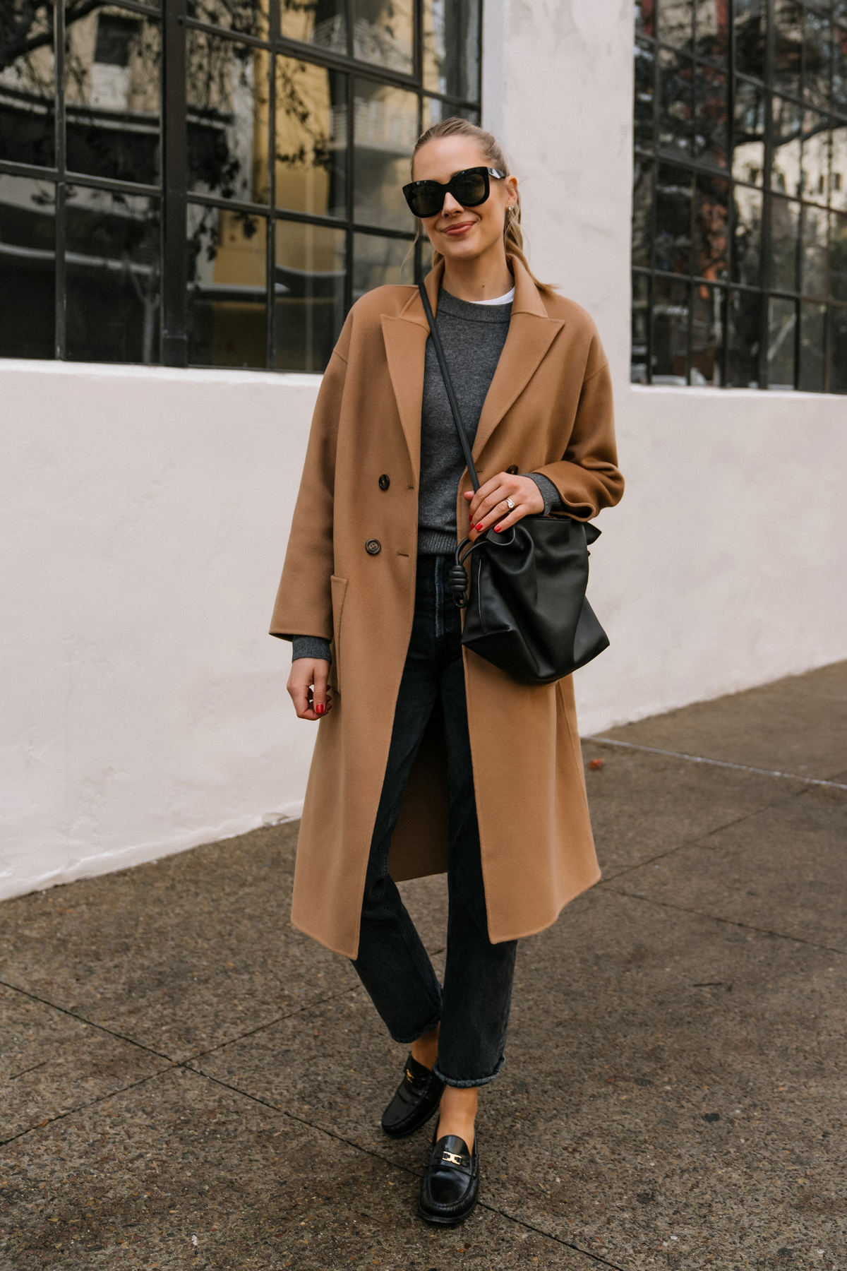 Fashion Jackson Wearing Anine Bing Dylan Coat Charcoal Sweater AGOLDE Black Jeans Celine Luco Triomphe Loafers Black Loewe Flamenco Handbag Camel Coat Outfit For Women Loafer Outfit Street Style 1