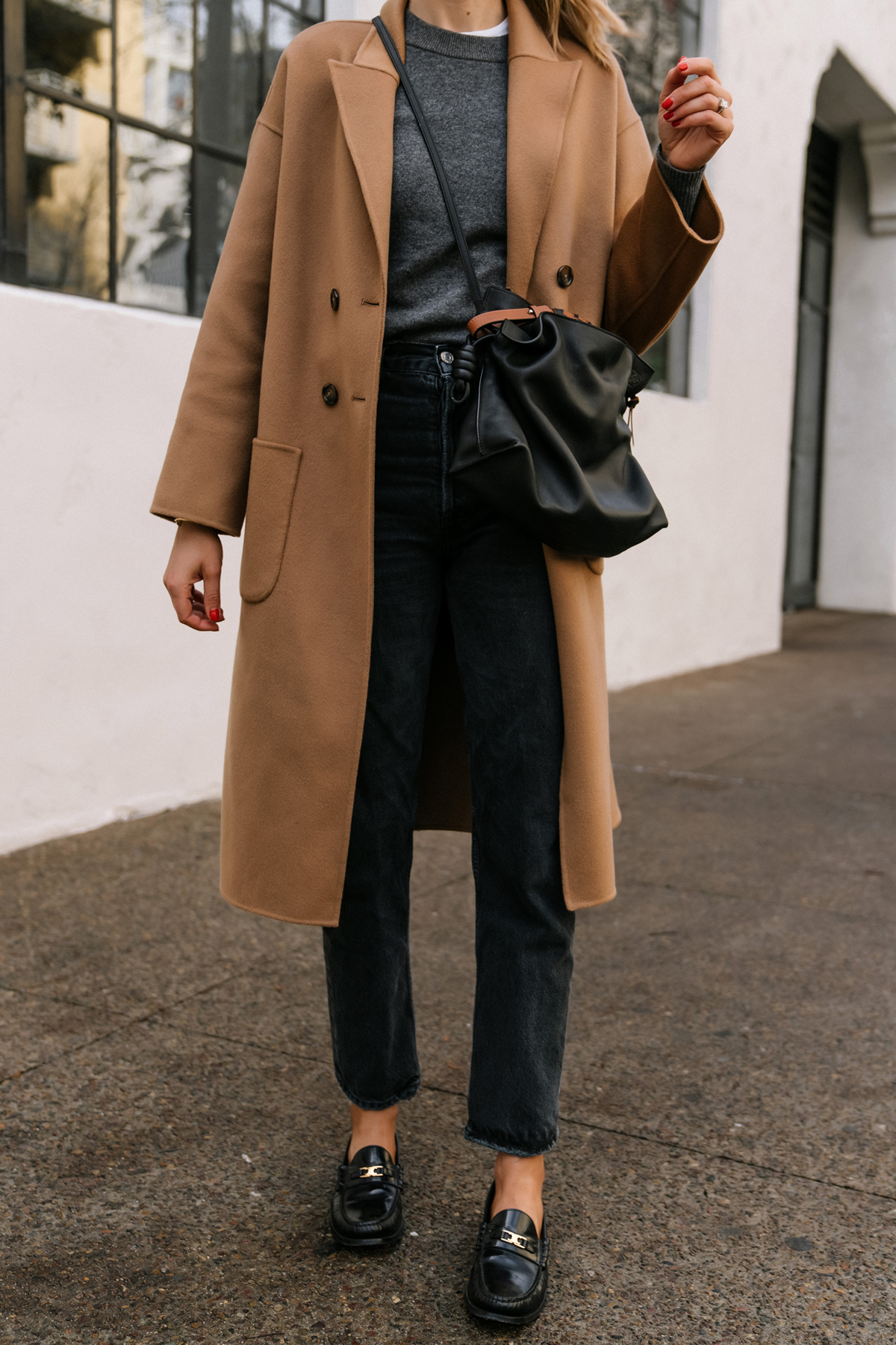 Fashion Jackson Wearing Anine Bing Dylan Coat Charcoal Sweater AGOLDE Black Jeans Celine Luco Triomphe Loafers Black Loewe Flamenco Handbag Camel Coat Outfit For Women Loafer Outfit