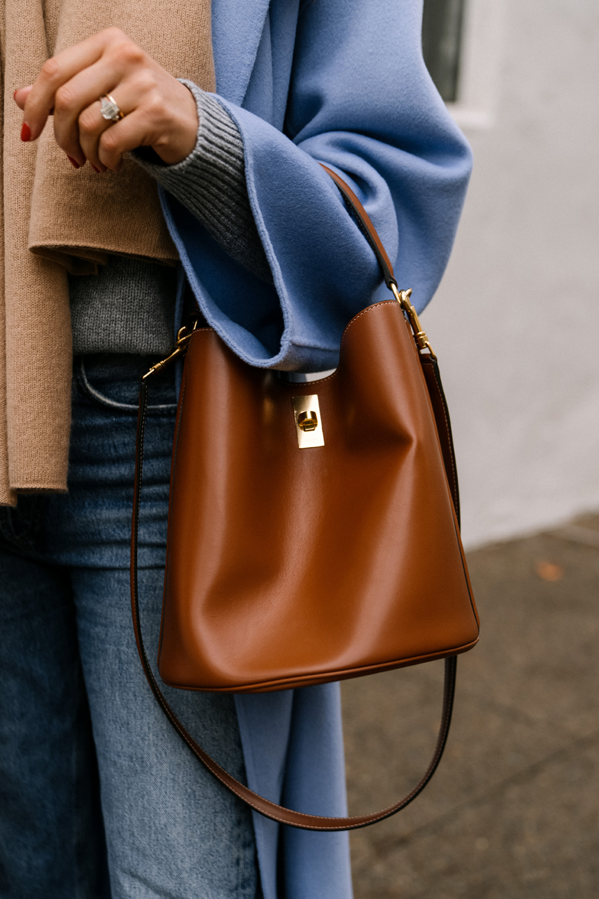 Fashion Jackson Wearing Celine Bucket 16 Bag in Tan Winter Outfit