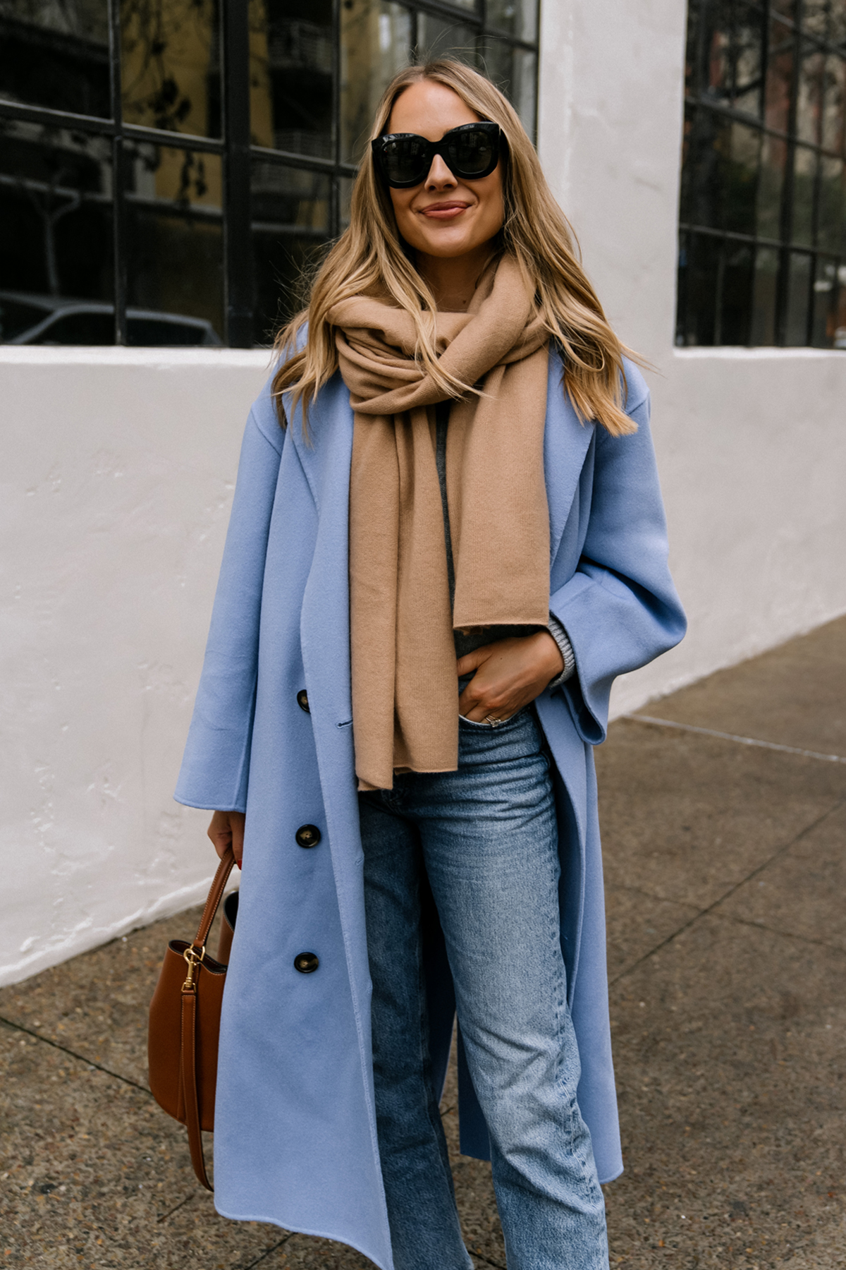 Fashion Jackson Wearing Loulou Studio Borneo Womens Blue Coat Camel Scarf AGOLDE Jeans Celine Bucket 16 Bag 1