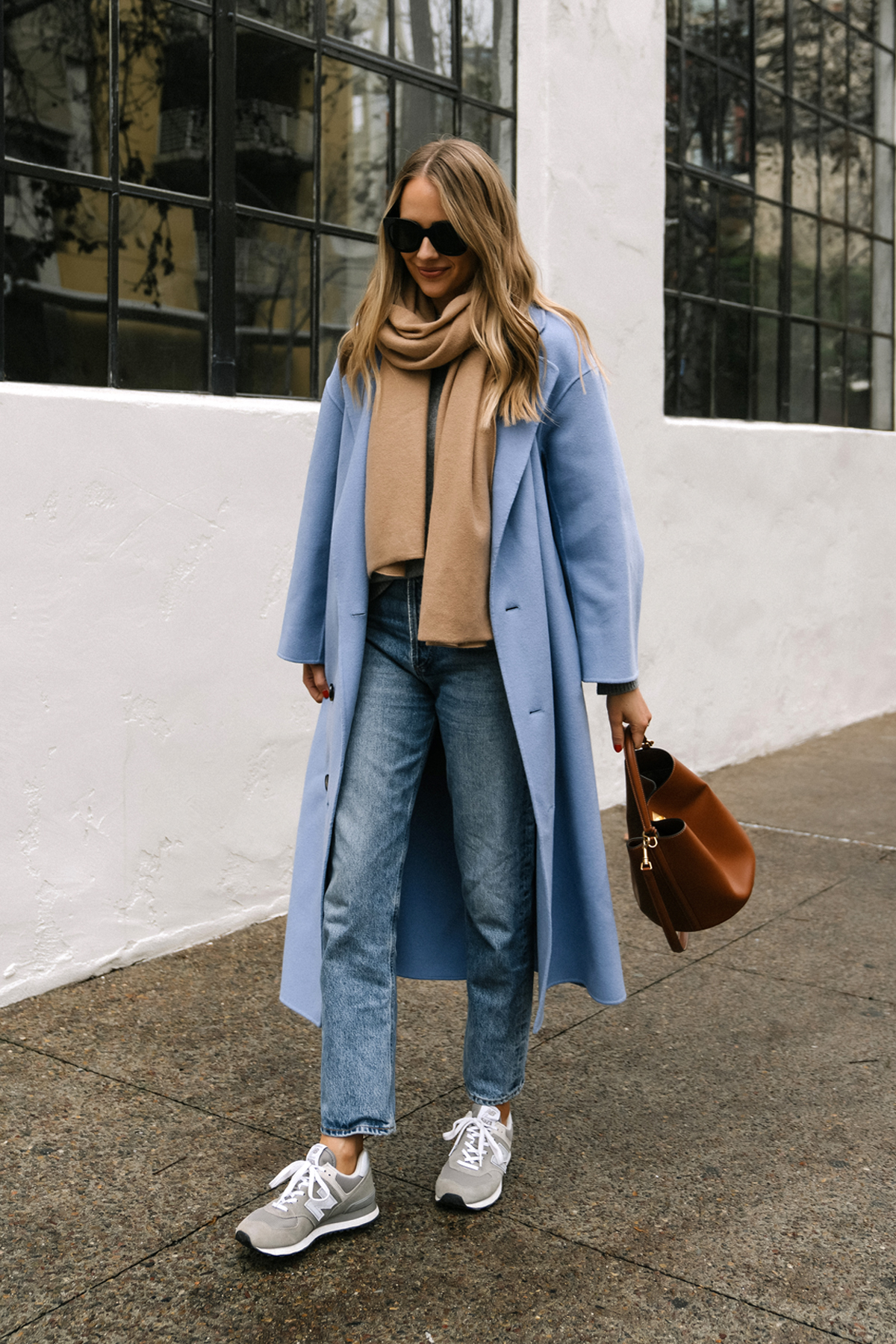 Fashion Jackson Wearing Loulou Studio Borneo Womens Blue Coat Camel Scarf AGOLDE Jeans Celine Bucket 16 Bag Winter Coat and Sneakers Outfits with New Balance 574 Street Style 2