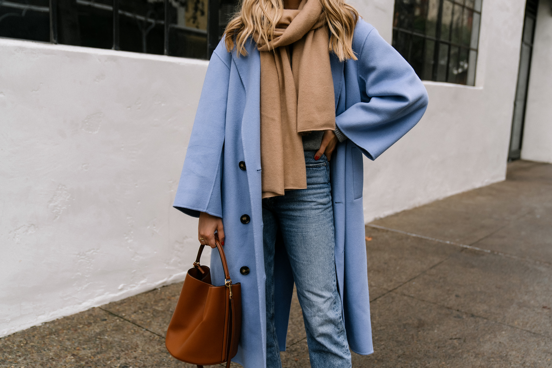 Fashion Jackson Wearing Loulou Studio Borneo Womens Blue Coat Camel Scarf AGOLDE Jeans Celine Bucket 16 Bag