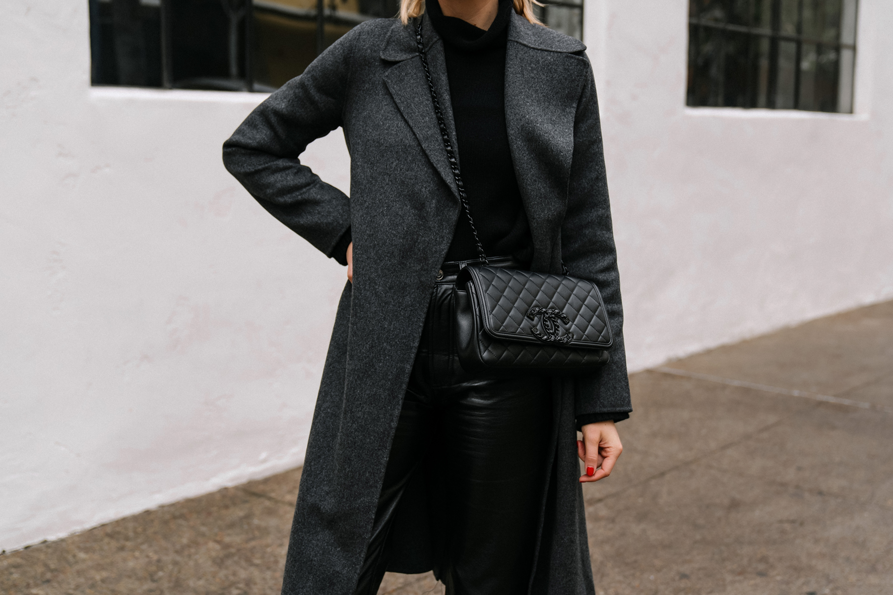 Fashion Jackson Wearing Max Mara Grey Wrap Coat Black Turtleneck Sweater AGOLDE Black Recycled Leather Pants Black Chanel Handbag