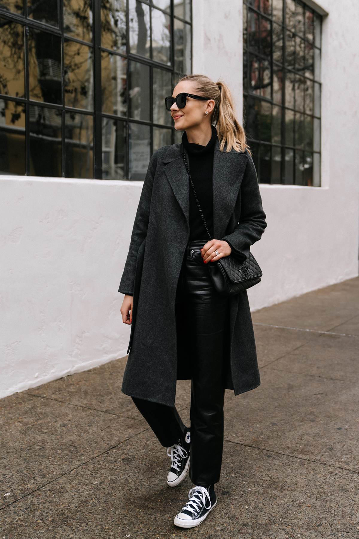 Fashion Jackson Wearing Max Mara Grey Wrap Coat Black Turtleneck Sweater AGOLDE Black Recycled Leather Pants Converse Black High Top Sneakers Street Style womens converse outfits