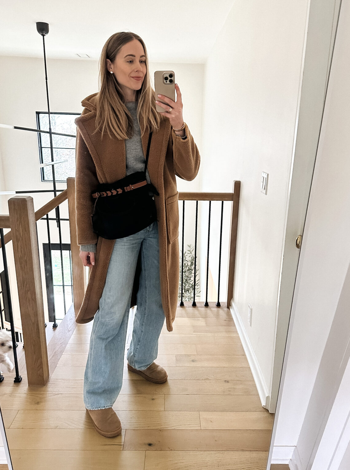 Fashion Jackson wearing Brown Teddy Coat Grey Sweater Citizens Annina Trouser Jeans Ugg Mini Boots Dupes Loewe Flamenco Crossbody Winter Outfit Daily Outfit