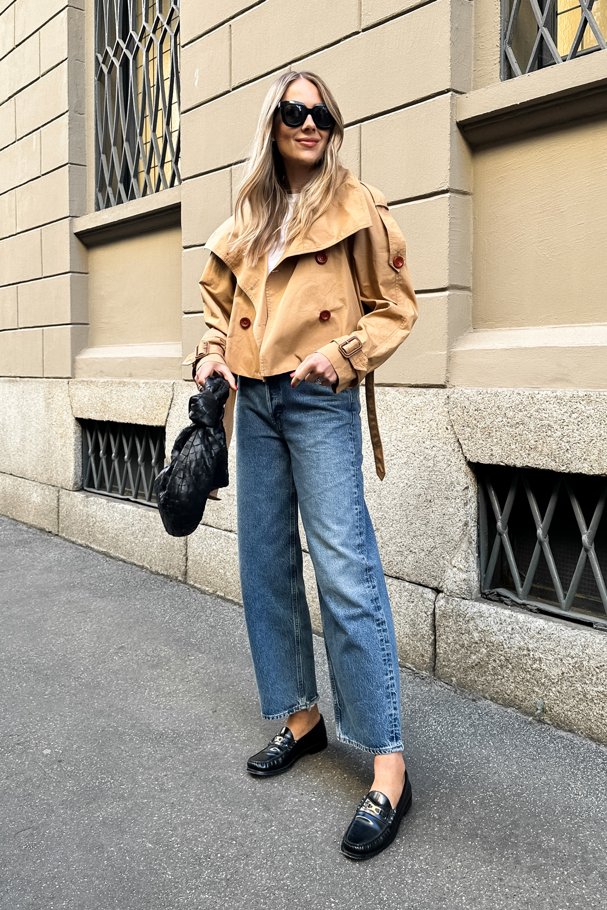 Fashion Jackson Wearing Acne Studios Croped Trench Jacket AGOLDE Dad Jeans Celine Black Loafers Bottega Veneta Teen Jodi Black Handbag Street Style 1