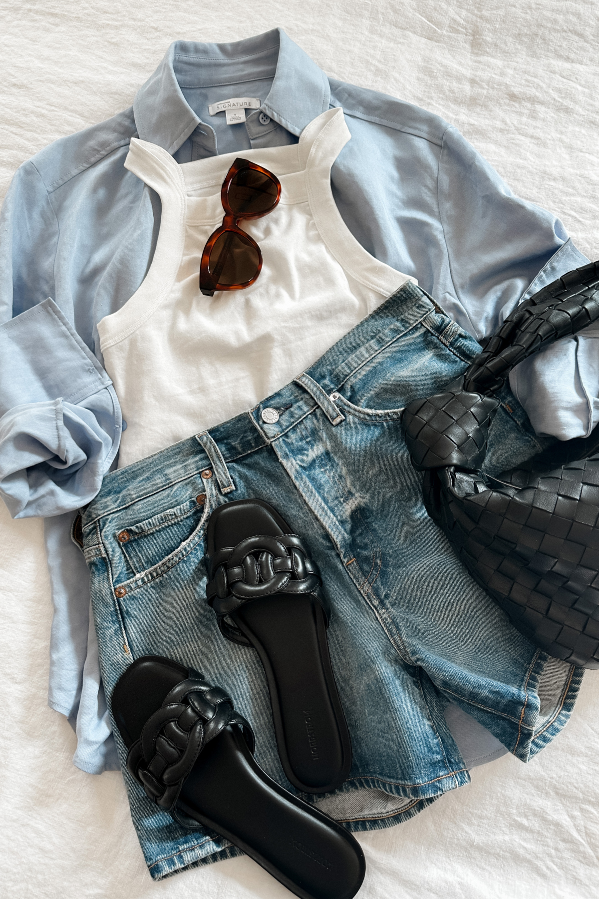 Blue Button Up Shirt White Tank Denim Shorts Black Bottega Handbag Summer Outfit