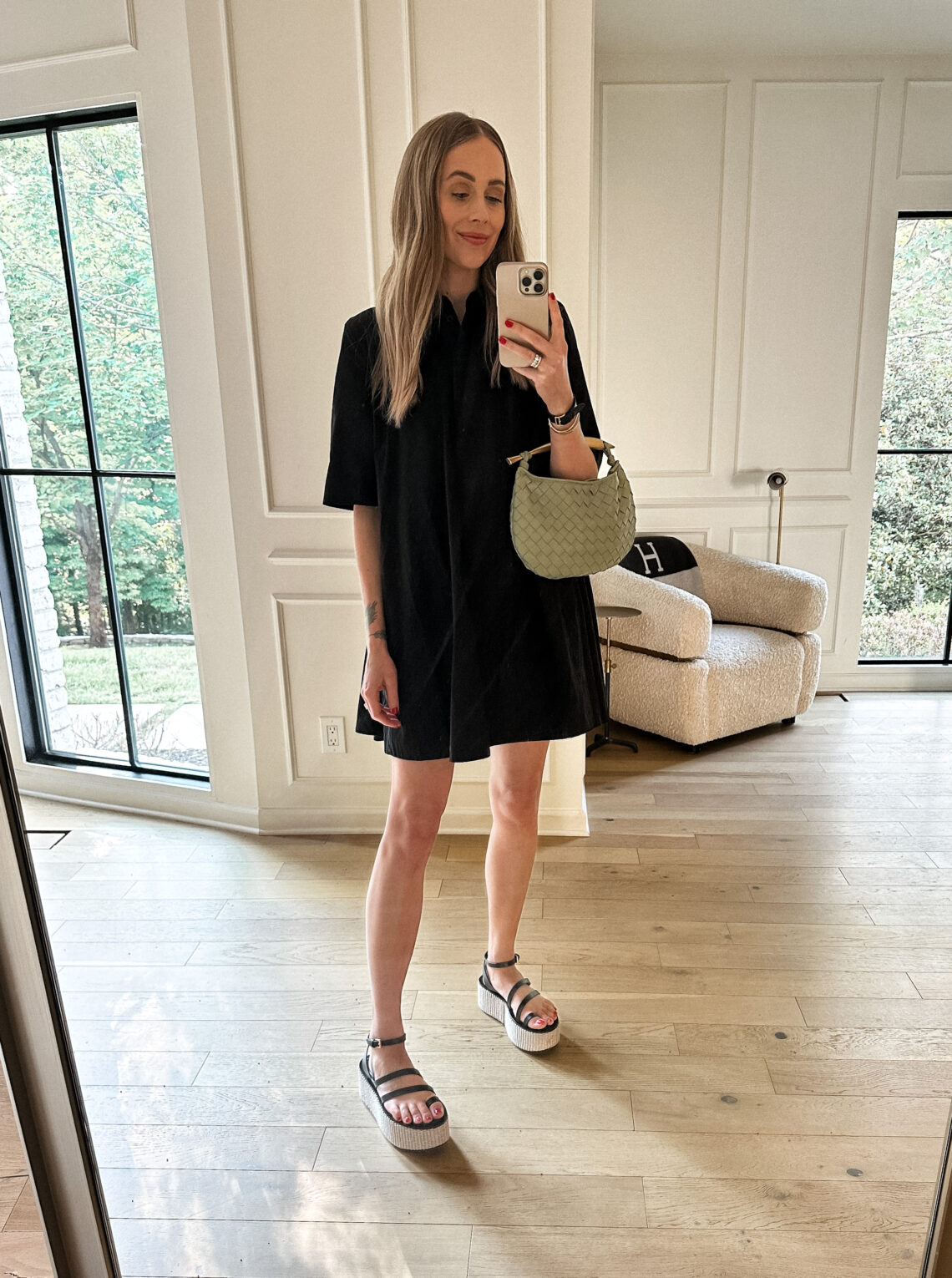 Fashion Jackson Wearing Black A-Line Shirt Dress Max Mara Platform Sandals Amazon Fashion Woven Clutch Summer Outfit Summer Dress
