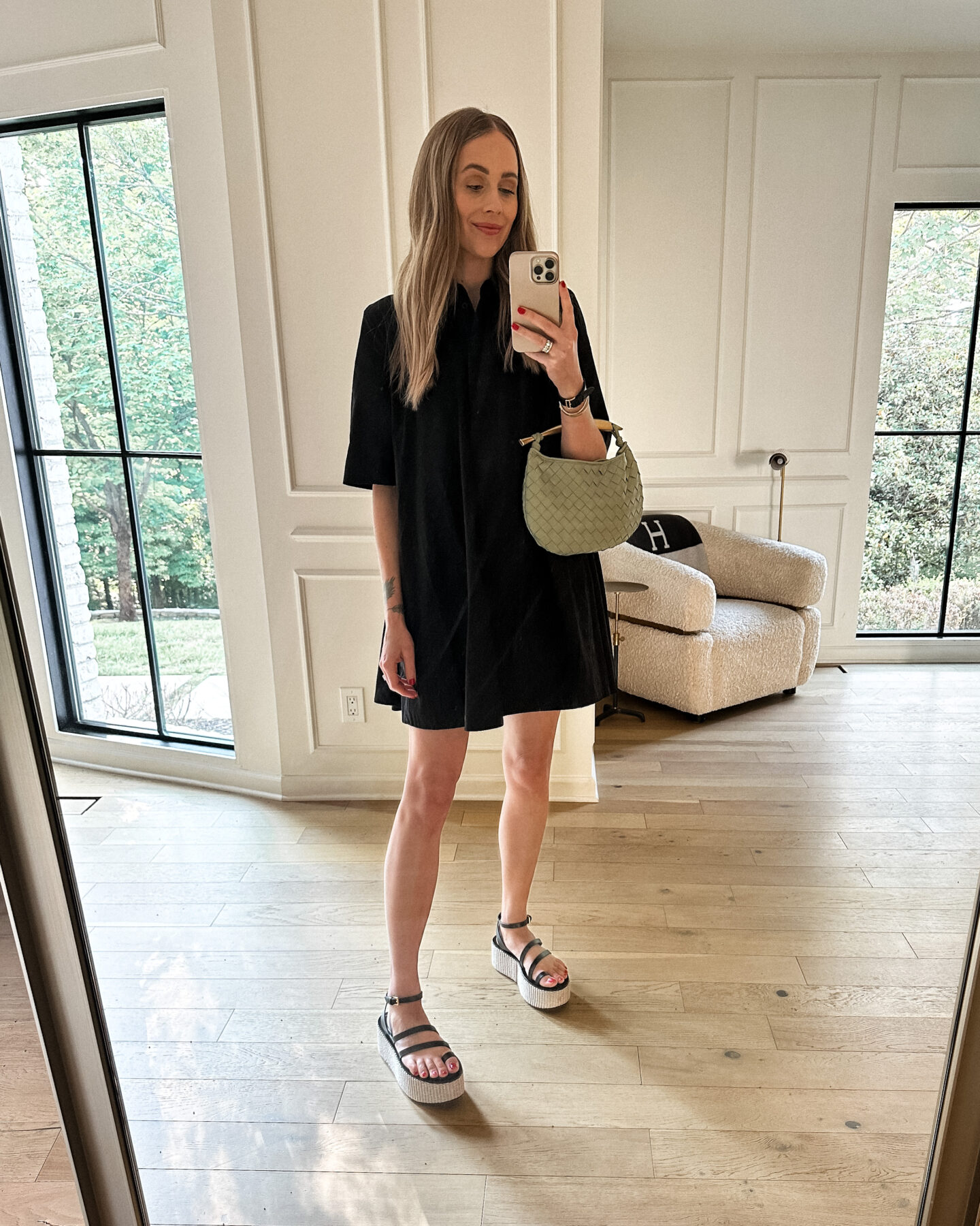 Fashion Jackson Wearing Black A-Line Shirt Dress Max Mara Platform Sandals Amazon Fashion Woven Clutch Summer Outfit Summer Dress