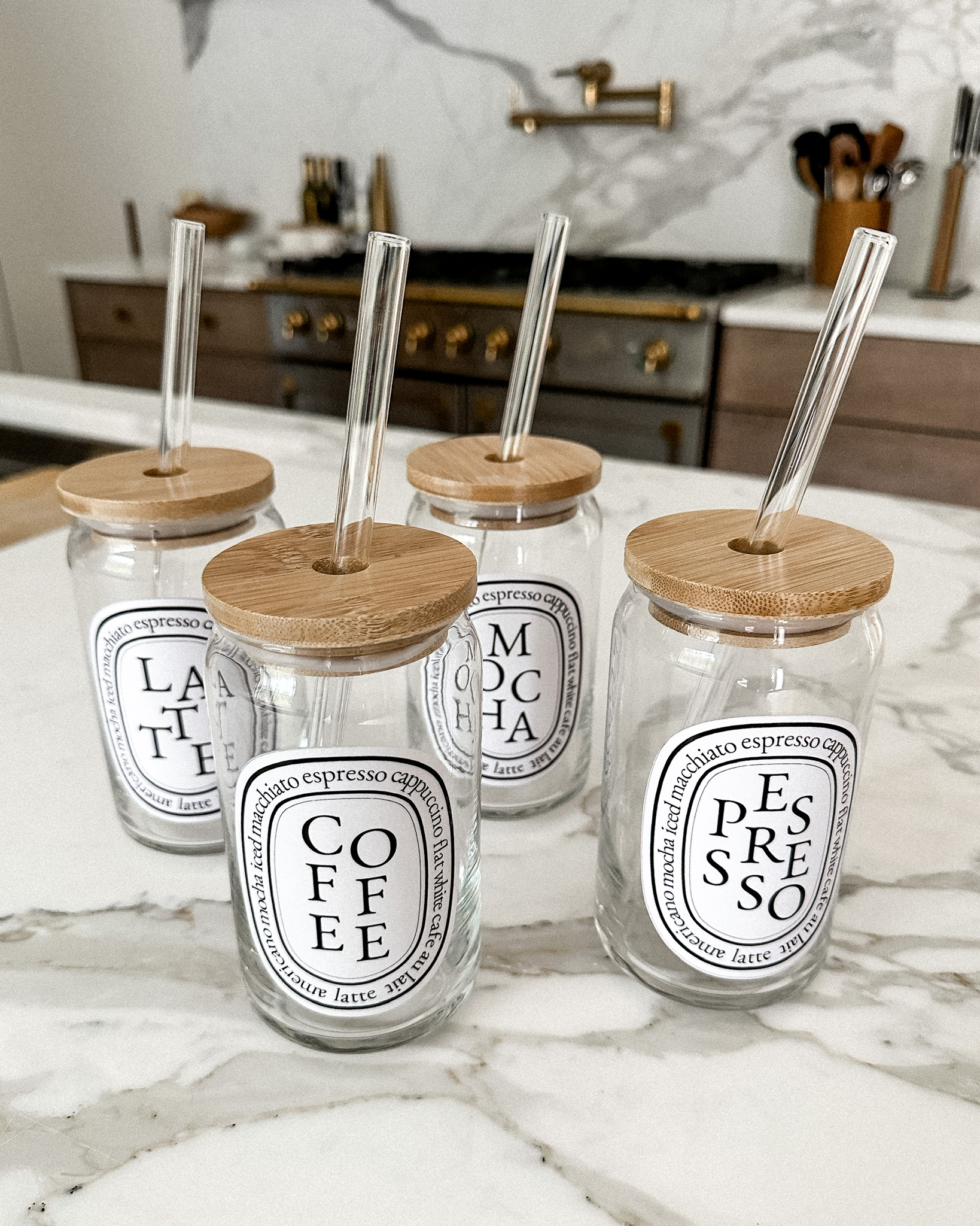Glass Drinkware for Coffee with Bamboo Lids and Glass Straw Diptyque Inspired Logo Sticker