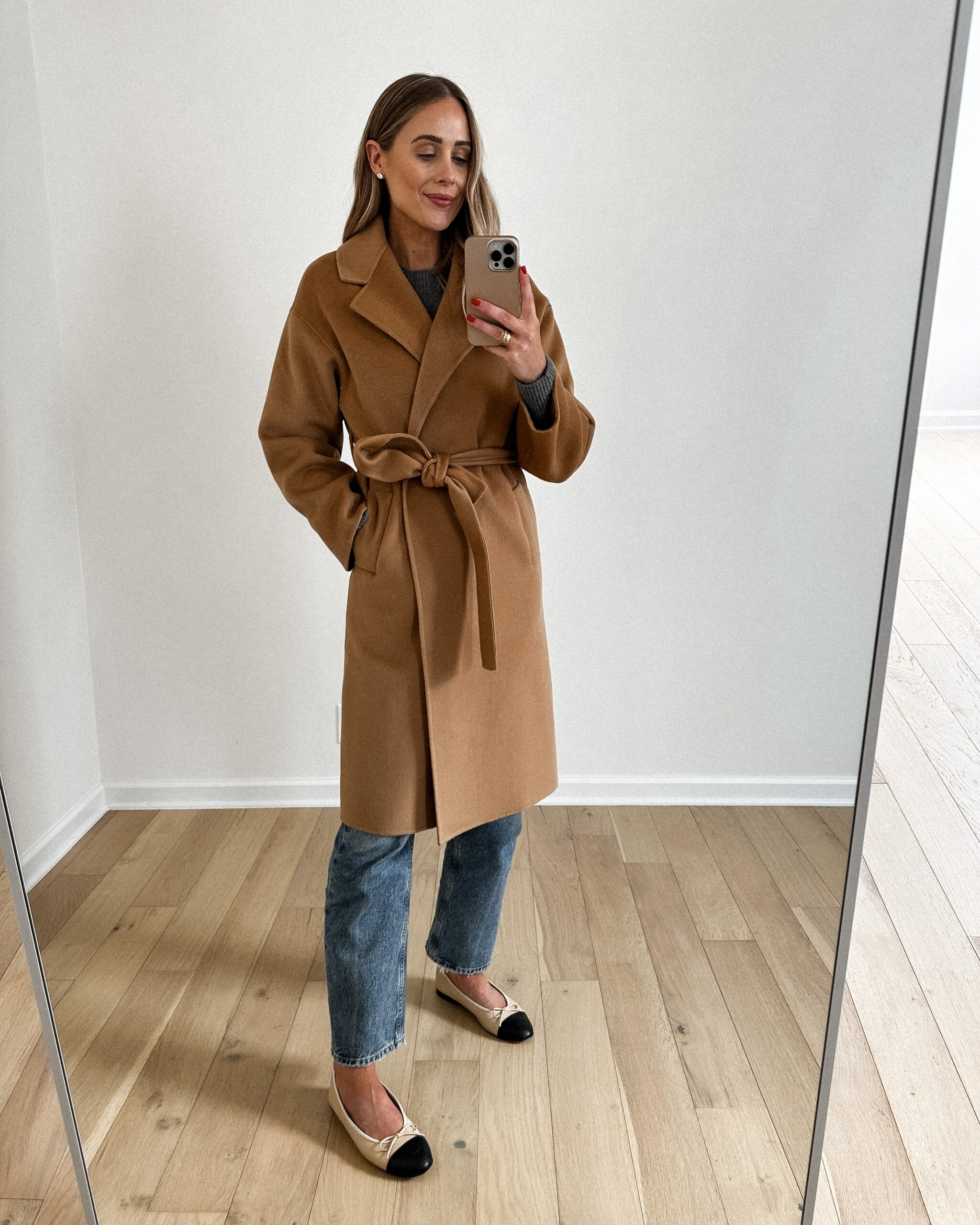 Fashion Jackson wearing MAYSON the label Camel Wool Cashmere Double Faced Wrap Coat, Grey sweater, AGOLDE denim jeans, chanel ballet flats, fall casual outfit idea