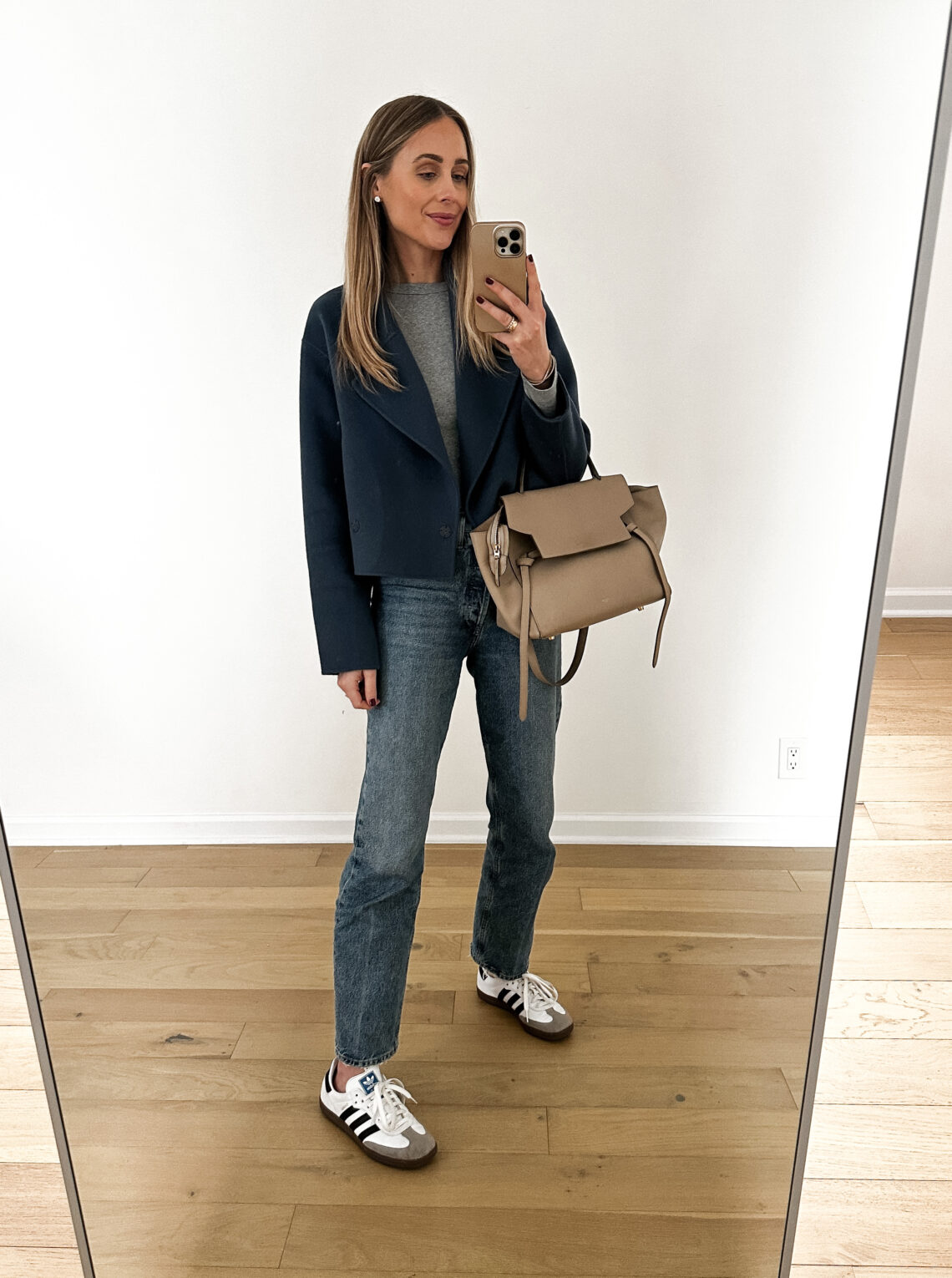 Fashion Jackson Wearing MAYSON the label blue cashmere cropped jacket, grey long sleeve tee, AGODLE jeans, adidas samba sneakers, celine mini belt bag, casual fall weekend outfit