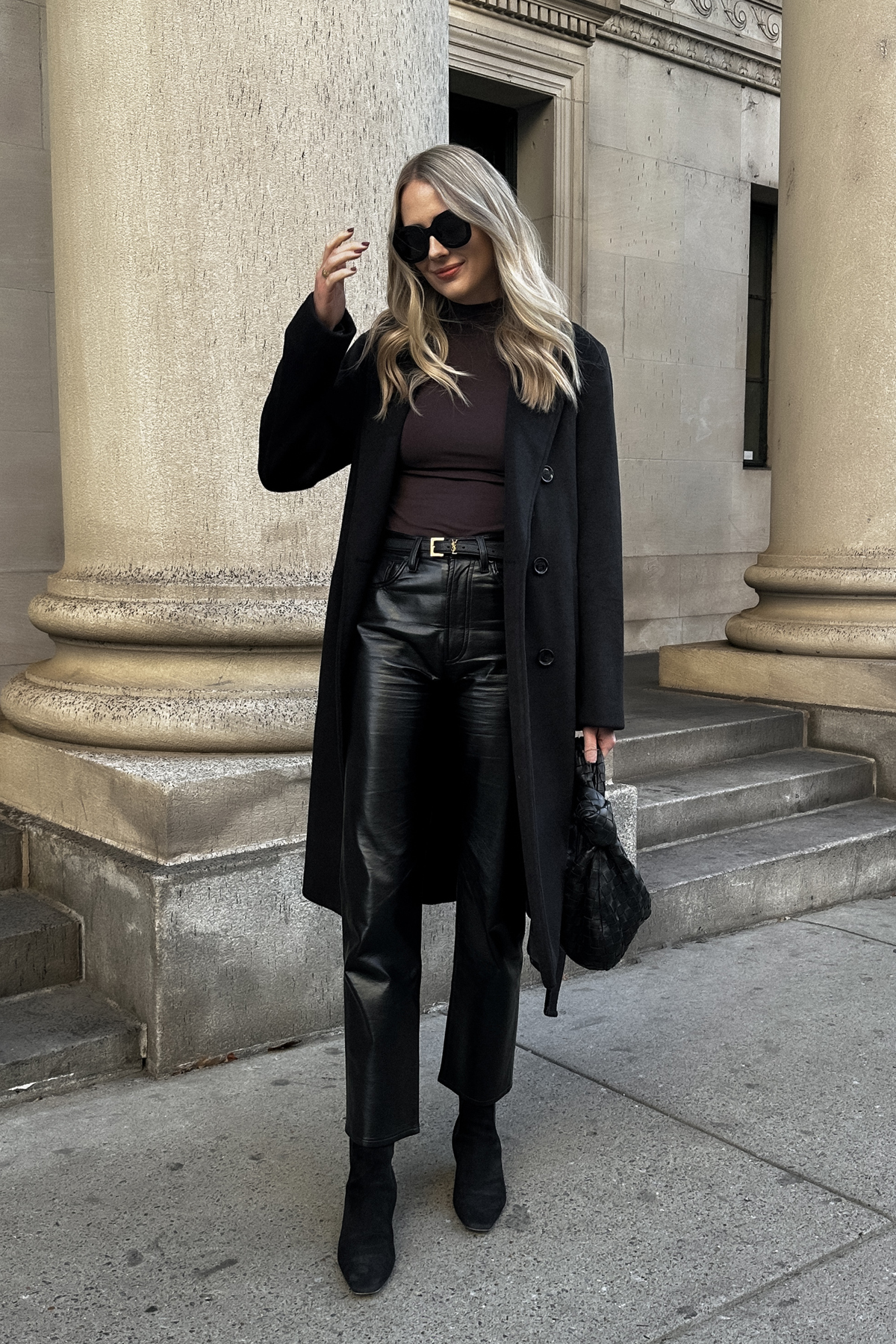 Stylish Fall Outfit: Black Leather Trousers