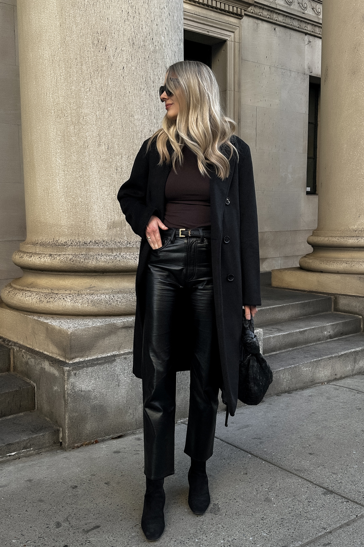 Women's Black Turtleneck, Black Wide Leg Pants, Black Leather