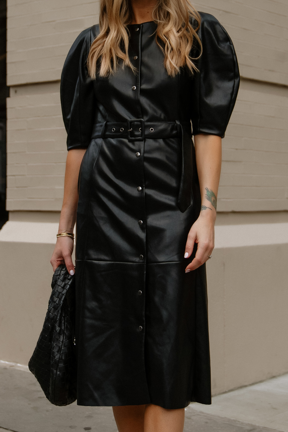 Fashion Jackson Wearing MAYSON the label black leather midi dress