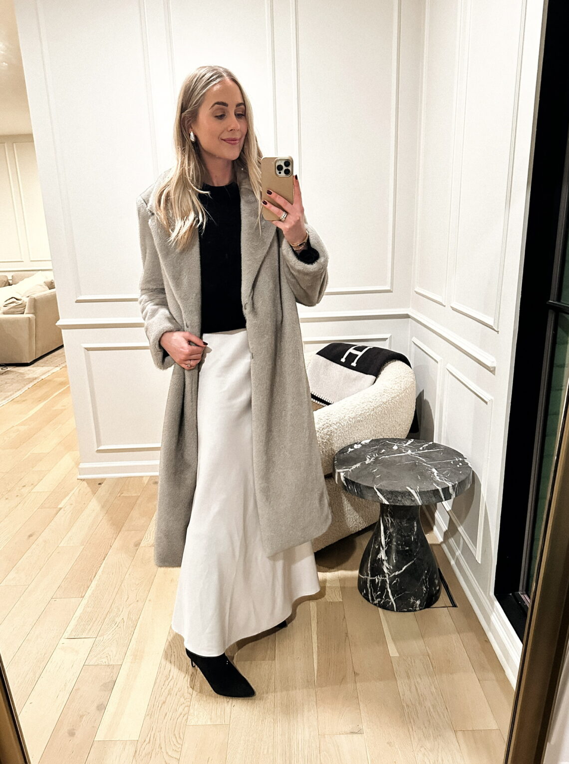 Fashion Jackson white silk skirt outfit, white maxi skirt outfit, grey winter coat outfit, chic winter outfit