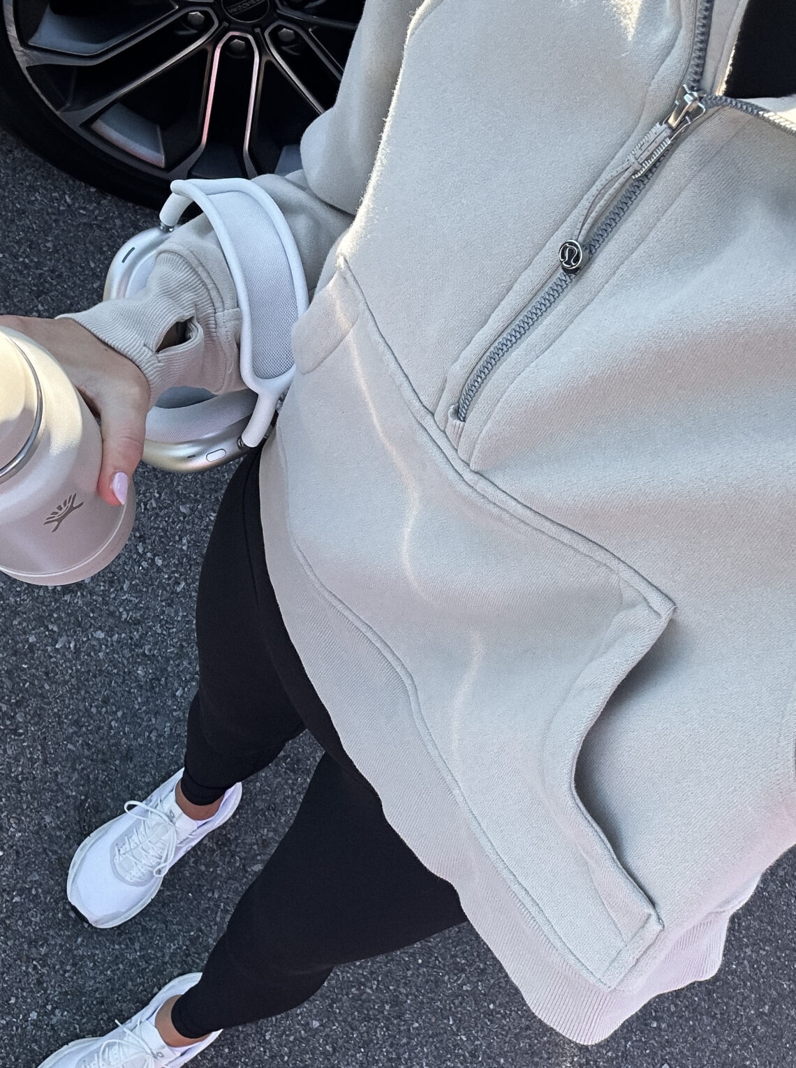 Fashion Jackson Wearing lululemon Scuba Hoodie beige Black Leggings On Running Sneakers gym outfit