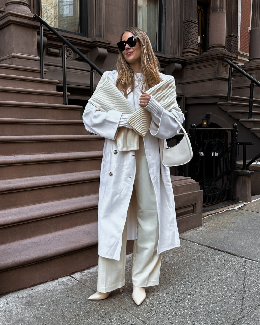 Fashion Jackson winter white outfits for women how to wear winter white white coat white trousers white booties