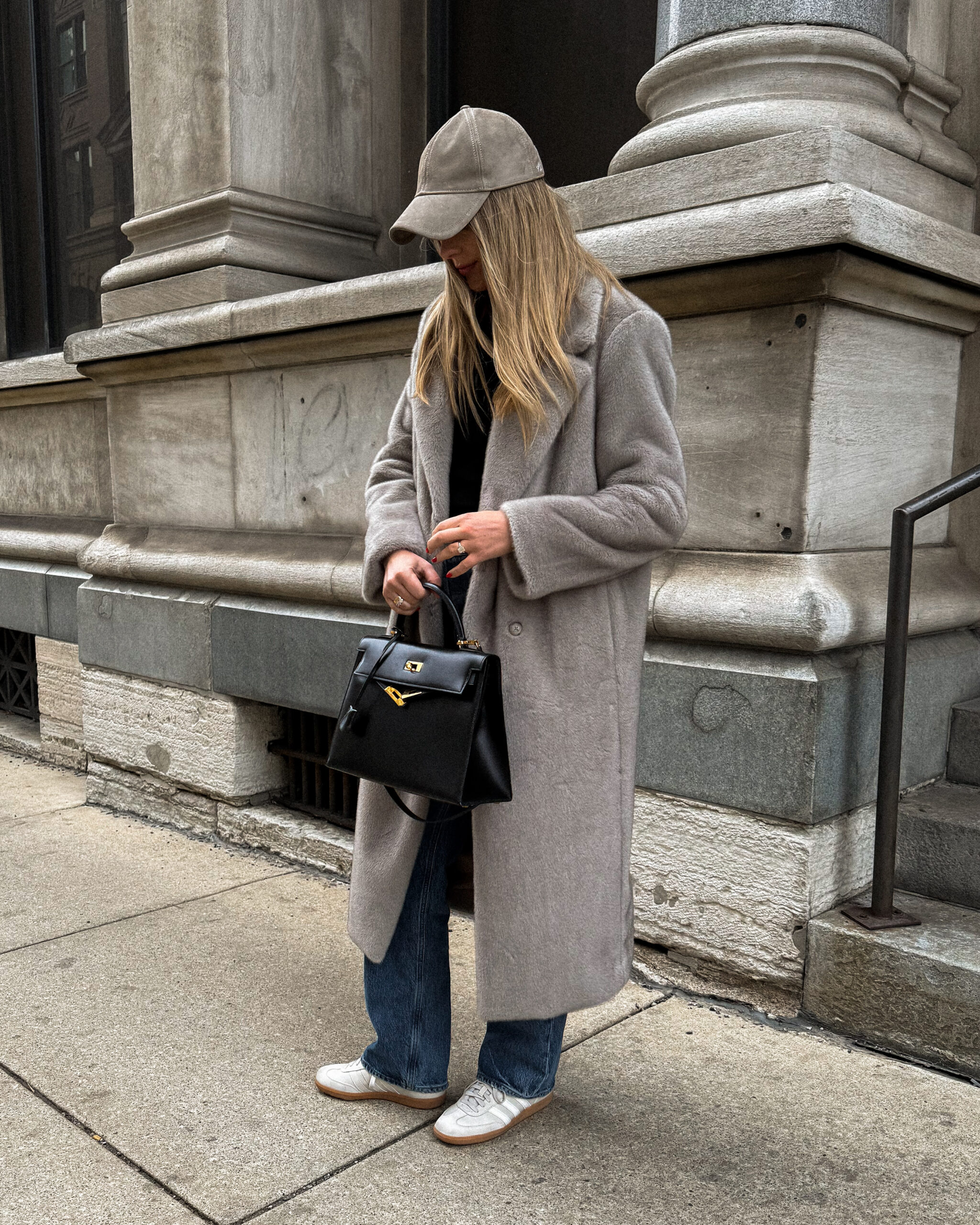 Fashion Jackson Wearing Banana Republic Faux Fur Coat Hermes Kelly Box Sellier adidas sneakers fall winter outfit
